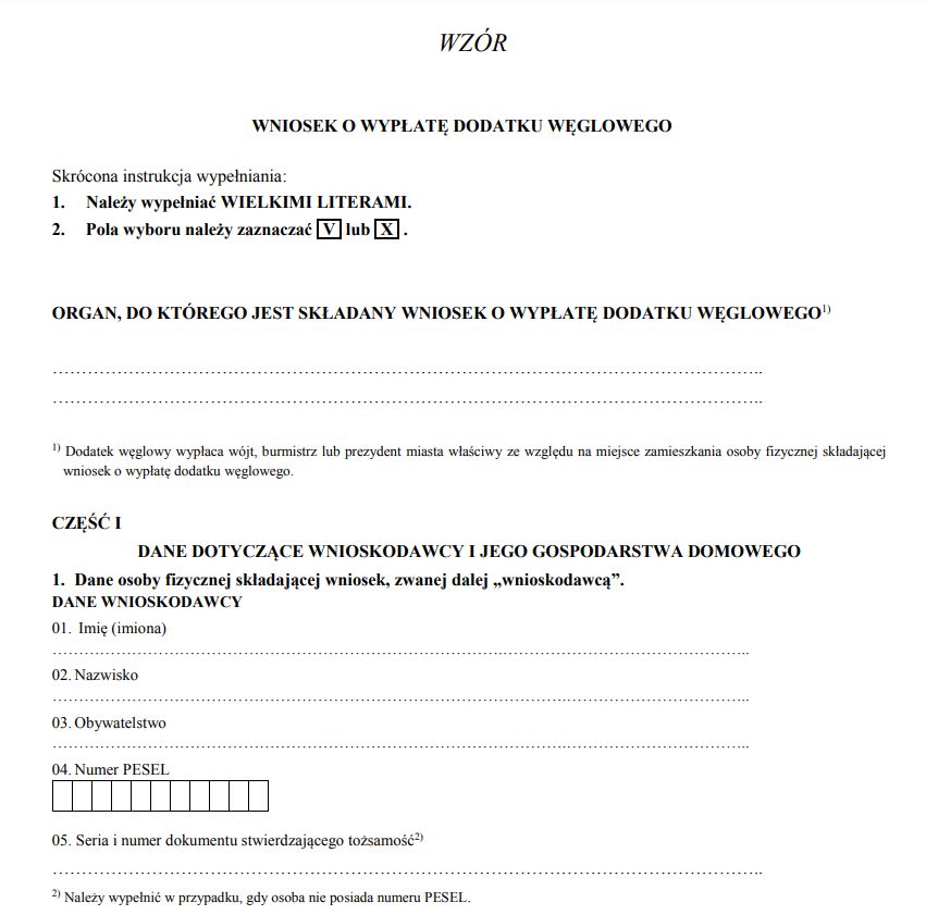 Wzór wniosku o dodatek węglowy