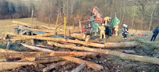 Z kłodami drewna wypadł na zakręcie (FOTO)