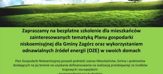 PLAN GOSPODARKI NISKOEMISYJNEJ DLA GMINY ZAGÓRZ – Zaproszenie na bezpłatne szkolenia