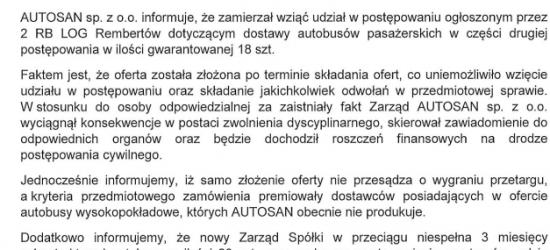 OŚWIADCZENIE W SPRAWIE AUTOSANU