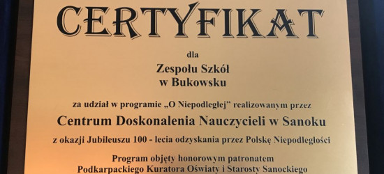 Certyfikat dla szkoły w Bukowsku