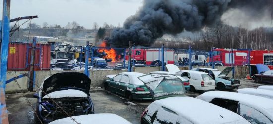 Pożar na autozłomie. Kilka wraków stanęło w ogniu (ZDJĘCIA)