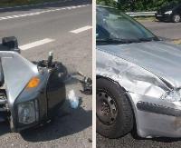 ZAŁUŻ: Chciał uniknąć zderzenia, zjechał na przeciwległy pas i uderzył w motocykl (ZDJĘCIA)
